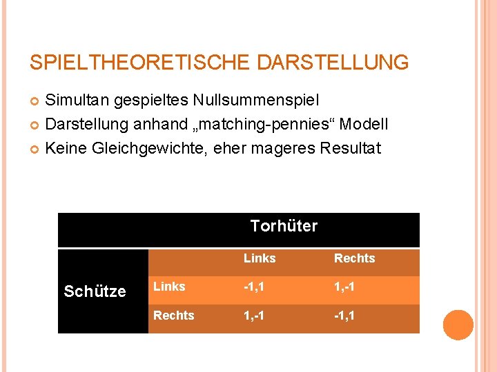 SPIELTHEORETISCHE DARSTELLUNG Simultan gespieltes Nullsummenspiel Darstellung anhand „matching-pennies“ Modell Keine Gleichgewichte, eher mageres Resultat