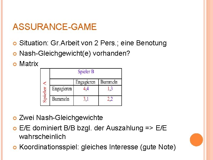 ASSURANCE-GAME Situation: Gr. Arbeit von 2 Pers. ; eine Benotung Nash-Gleichgewicht(e) vorhanden? Matrix Zwei