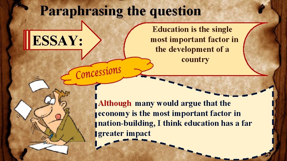 Paraphrasing the question ESSAY: Education is the single most important factor in the development