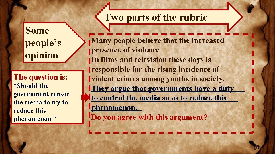 Two parts of the rubric Some people’s opinion The question is: “Should the government