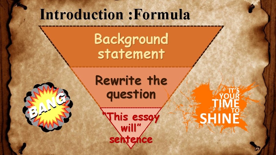 Introduction : Formula Background statement Rewrite the question “This essay will” sentence 