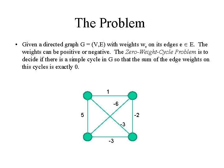 The Problem • Given a directed graph G = (V, E) with weights we
