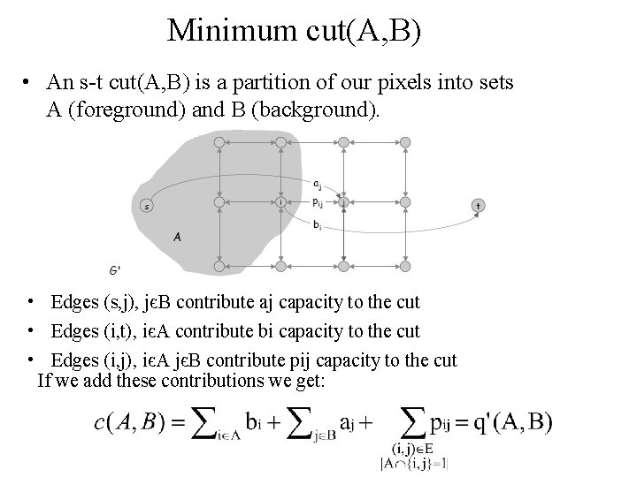 Minimum cut(A, B) • An s-t cut(A, B) is a partition of our pixels