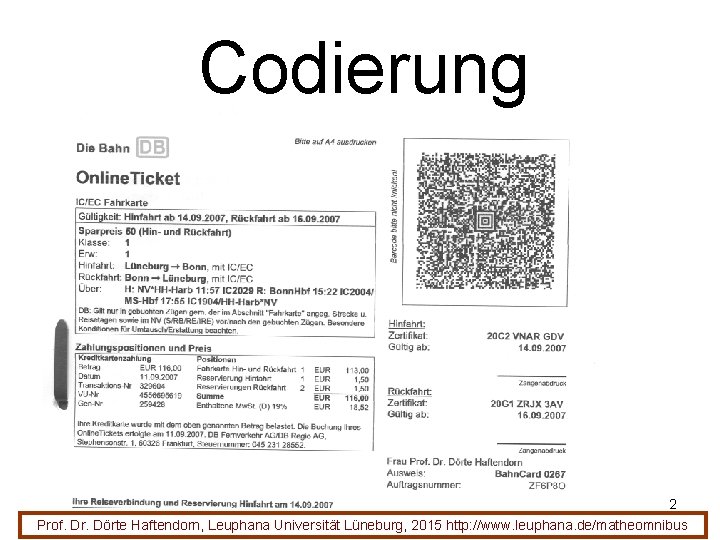 Codierung 2 Prof. Dr. Dörte Haftendorn, Leuphana Universität Lüneburg, 2015 http: //www. leuphana. de/matheomnibus