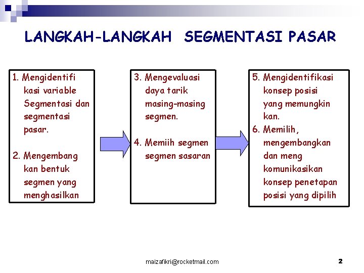 LANGKAH-LANGKAH SEGMENTASI PASAR 1. Mengidentifi kasi variable Segmentasi dan segmentasi pasar. 2. Mengembang kan