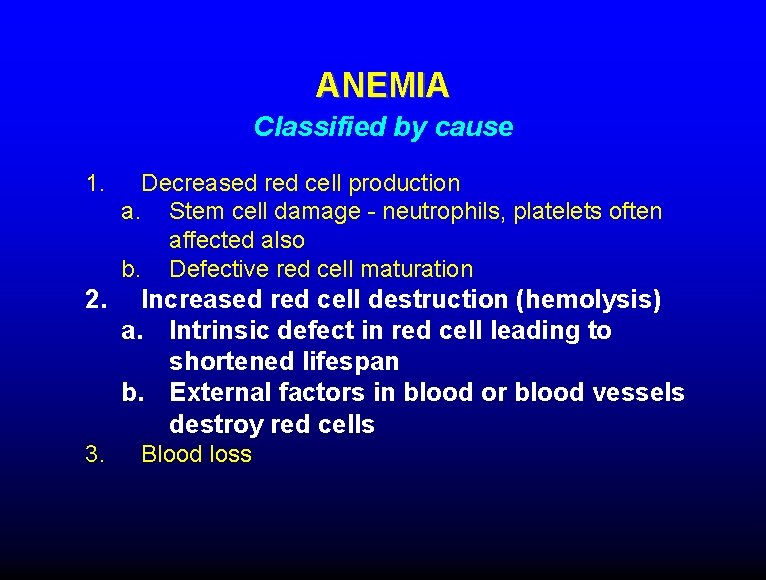 ANEMIA Classified by cause 1. Decreased red cell production a. Stem cell damage -