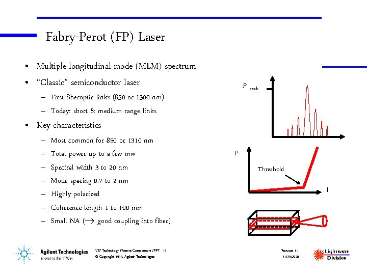 Fabry-Perot (FP) Laser • Multiple longitudinal mode (MLM) spectrum • “Classic” semiconductor laser P