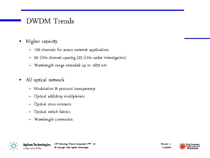 DWDM Trends • Higher capacity – 120 channels for access network applications – 50