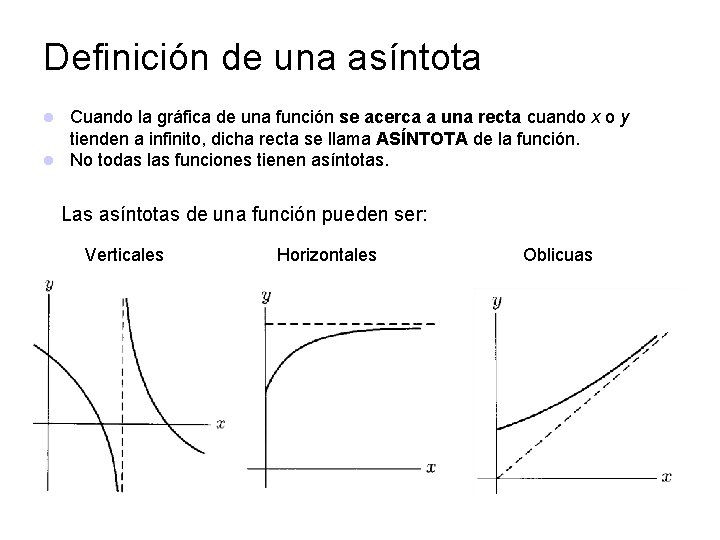 Definición de una asíntota Cuando la gráfica de una función se acerca a una