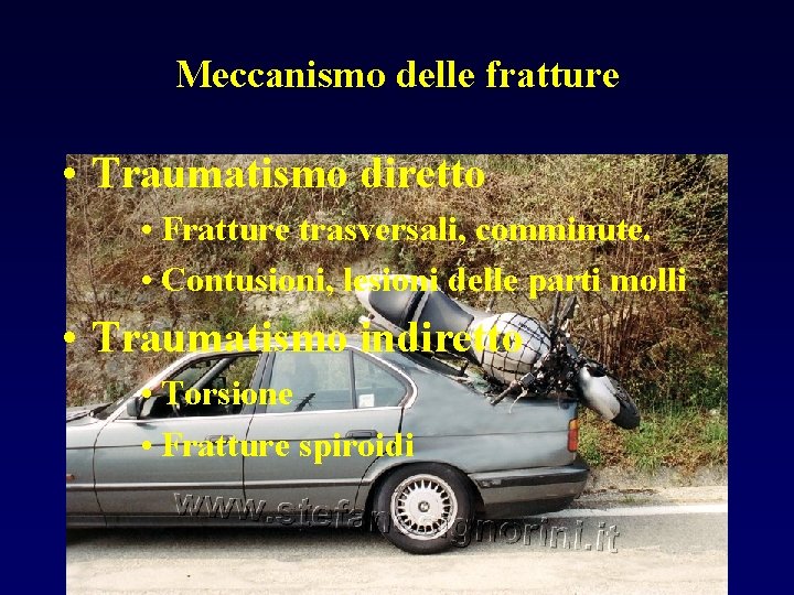 Meccanismo delle fratture • Traumatismo diretto • Fratture trasversali, comminute. • Contusioni, lesioni delle