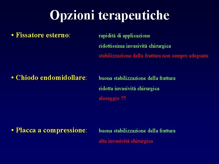 Opzioni terapeutiche • Fissatore esterno: rapidità di applicazione ridottissima invasività chirurgica stabilizzazione della frattura