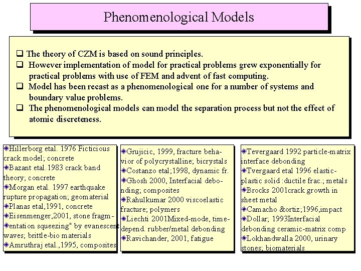 Phenomenological Models q The theory of CZM is based on sound principles. q However Phenomenological Models q The theory of CZM is based on sound principles. q However