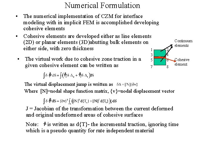 Numerical Formulation • The numerical implementation of CZM for interface modeling with in implicit Numerical Formulation • The numerical implementation of CZM for interface modeling with in implicit