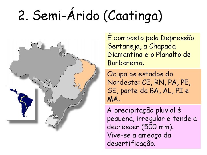 2. Semi-Árido (Caatinga) É composto pela Depressão Sertaneja, a Chapada • Diamantina e o 2. Semi-Árido (Caatinga) É composto pela Depressão Sertaneja, a Chapada • Diamantina e o