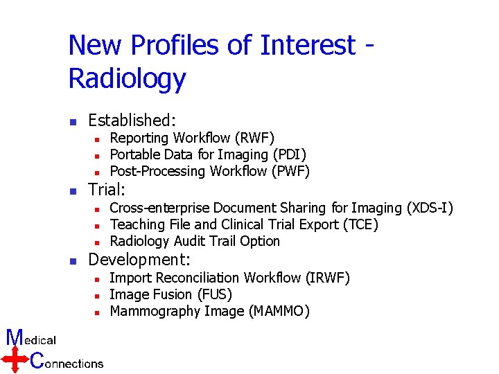 New Profiles of Interest Radiology n Established: n n Trial: n n Reporting Workflow