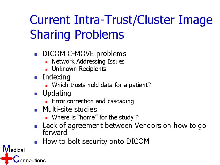 Current Intra-Trust/Cluster Image Sharing Problems n DICOM C-MOVE problems n n n Indexing n