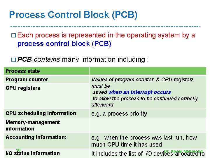 Process Control Block (PCB) � Each process is represented in the operating system by