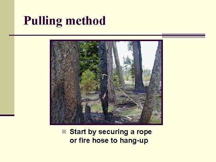 Pulling method n Start by securing a rope or fire hose to hang-up Pulling method n Start by securing a rope or fire hose to hang-up