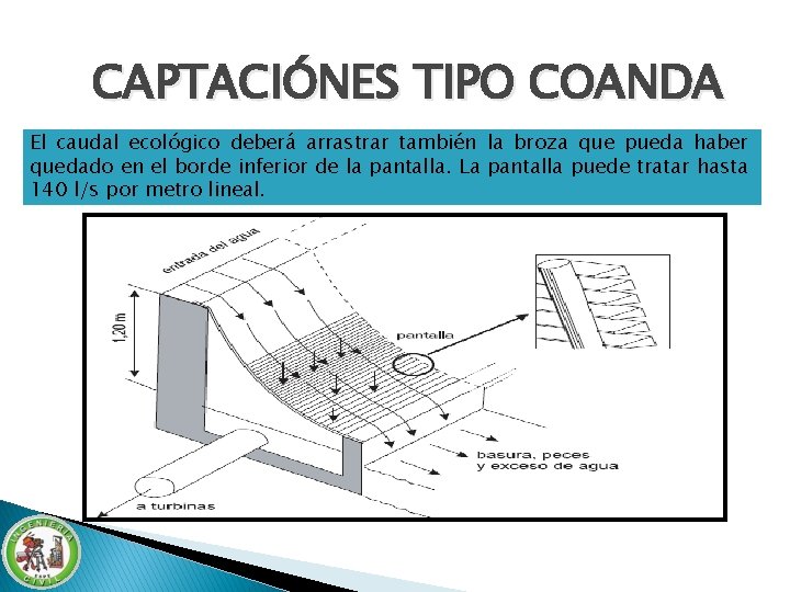 CAPTACIÓNES TIPO COANDA El caudal ecológico deberá arrastrar también la broza que pueda haber CAPTACIÓNES TIPO COANDA El caudal ecológico deberá arrastrar también la broza que pueda haber