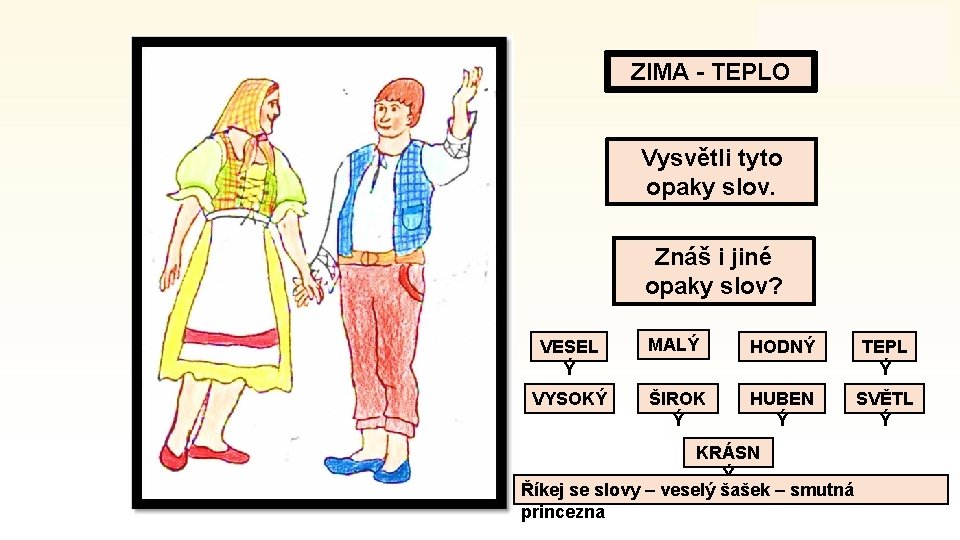 ZIMA - TEPLO Vysvětli tyto opaky slov. Znáš i jiné opaky slov? VESEL Ý