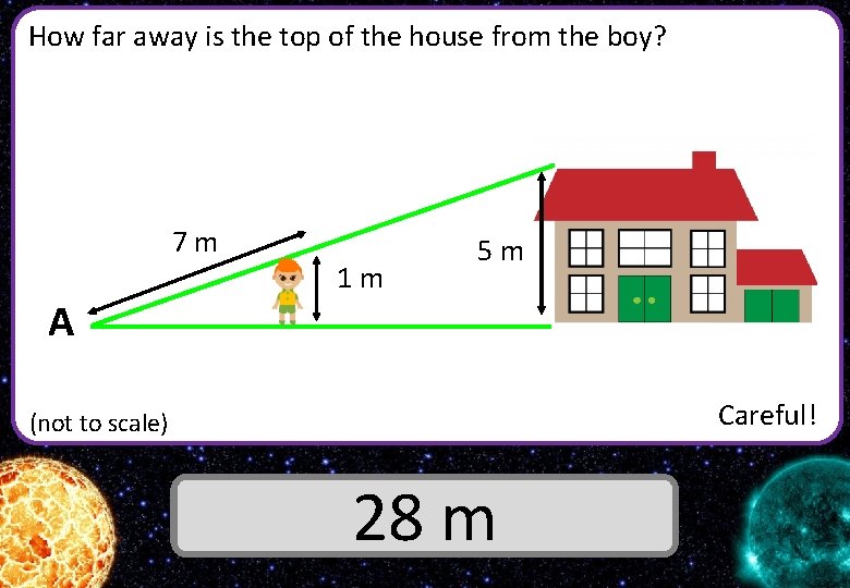 How far away is the top of the house from the boy? 7 m