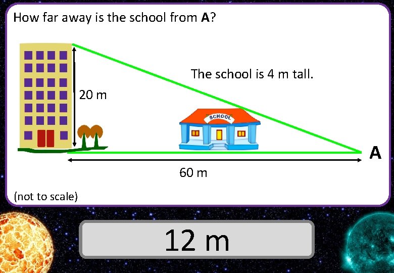 How far away is the school from A? The school is 4 m tall.