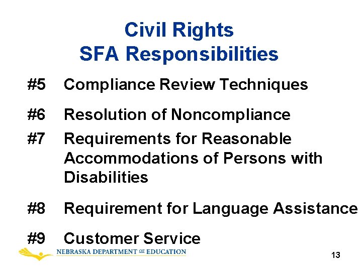 Civil Rights SFA Responsibilities #5 Compliance Review Techniques #6 #7 Resolution of Noncompliance Requirements