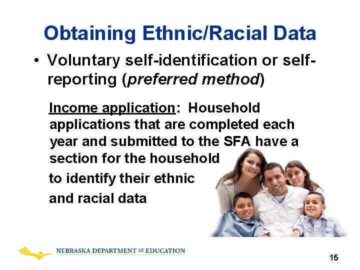 Obtaining Ethnic/Racial Data • Voluntary self-identification or selfreporting (preferred method) Income application: Household applications