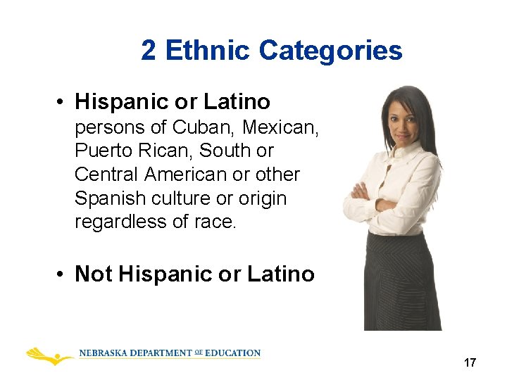 2 Ethnic Categories • Hispanic or Latino persons of Cuban, Mexican, Puerto Rican, South