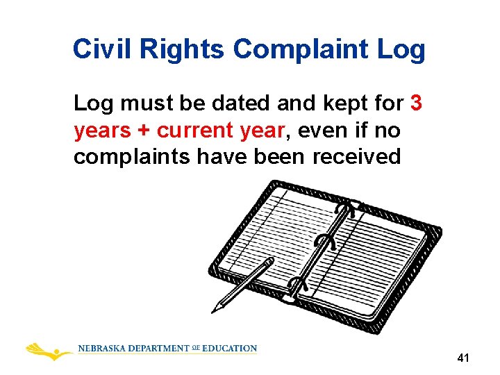 Civil Rights Complaint Log must be dated and kept for 3 years + current