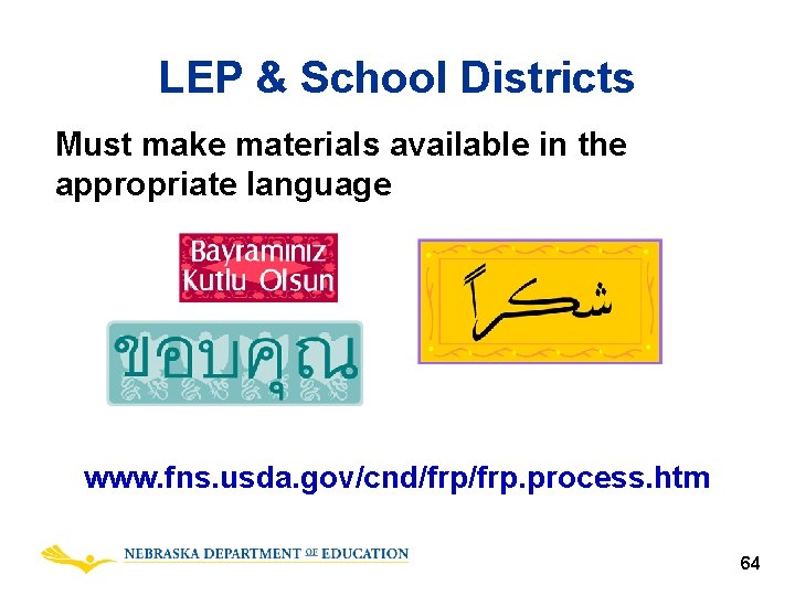 LEP & School Districts Must make materials available in the appropriate language www. fns.