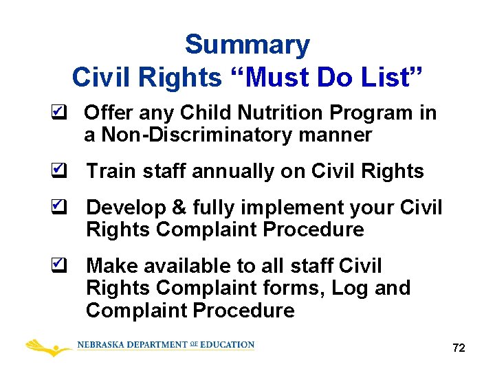 Summary Civil Rights “Must Do List” q Offer any Child Nutrition Program in a