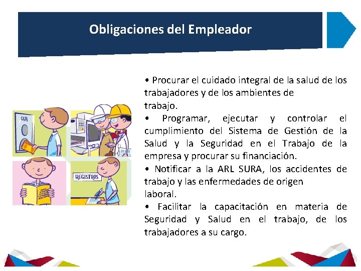 Obligaciones del Empleador • Procurar el cuidado integral de la salud de los trabajadores