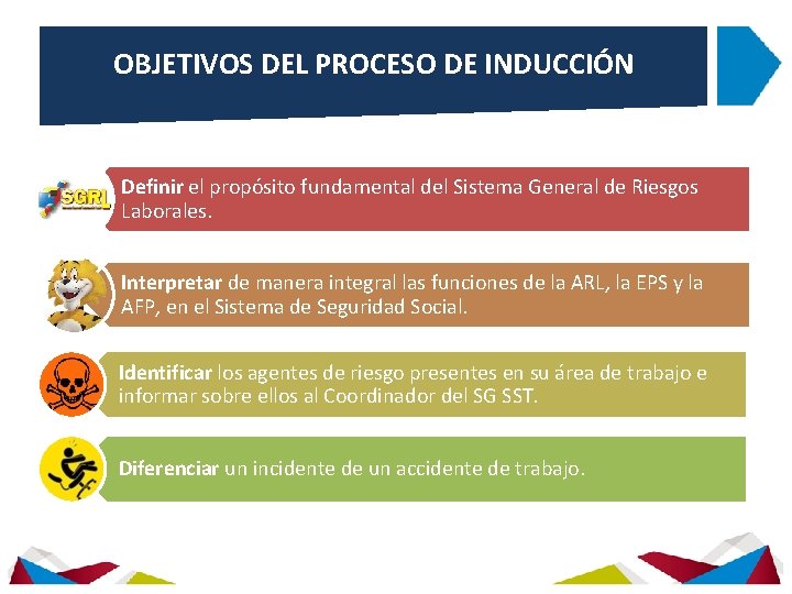 OBJETIVOS DEL PROCESO DE INDUCCIÓN Definir el propósito fundamental del Sistema General de Riesgos