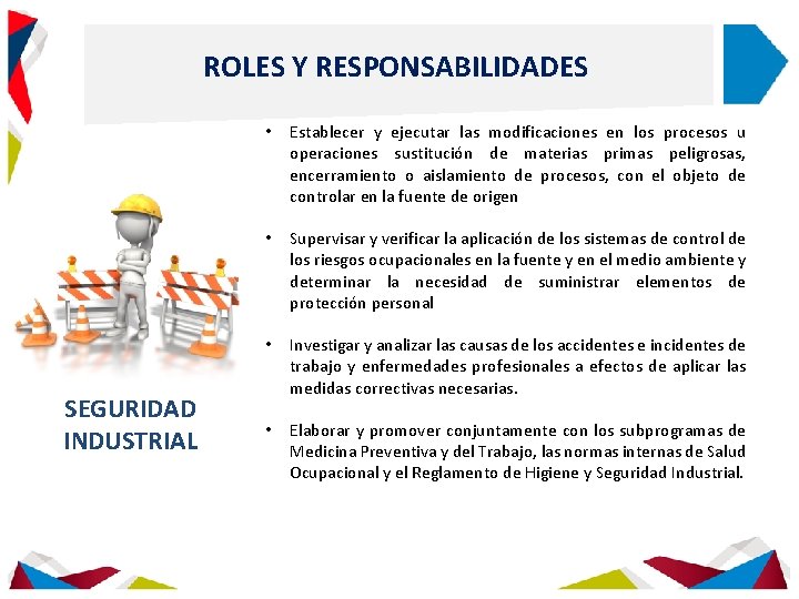 ROLES Y RESPONSABILIDADES SEGURIDAD INDUSTRIAL • Establecer y ejecutar las modificaciones en los procesos