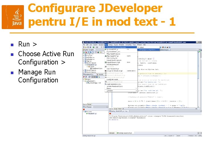 Configurare JDeveloper pentru I/E in mod text - 1 n n n Run >