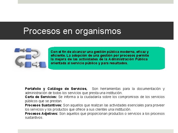 Procesos en organismos Con el fin de alcanzar una gestión pública moderna, eficaz y