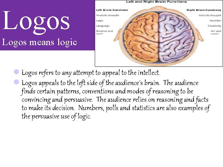Logos means logic l Logos refers to any attempt to appeal to the intellect.