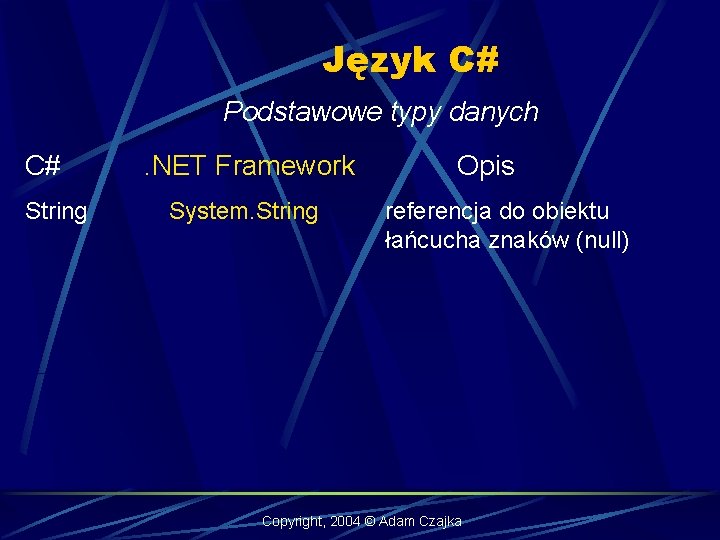 Język C# Podstawowe typy danych C# String . NET Framework System. String Opis referencja