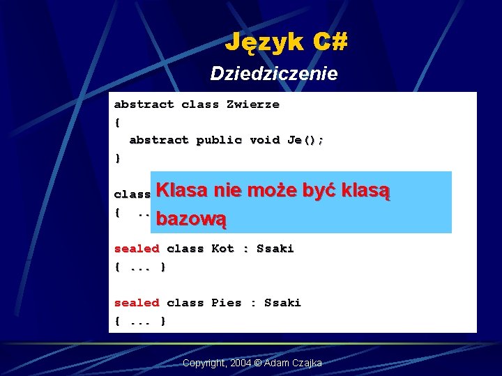 Język C# Dziedziczenie abstract class Zwierze { abstract public void Je(); } może class