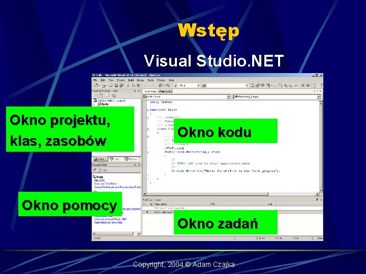 Wstęp Visual Studio. NET Okno projektu, klas, zasobów Okno kodu Okno pomocy Okno zadań