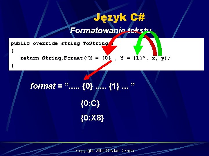 Język C# Formatowanie tekstu public override string To. String() { return String. Format(”X =