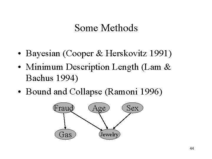 Some Methods • Bayesian (Cooper & Herskovitz 1991) • Minimum Description Length (Lam &