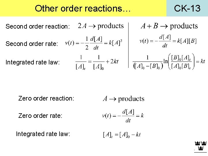 Other order reactions… Second order reaction: Second order rate: Integrated rate law: Zero order