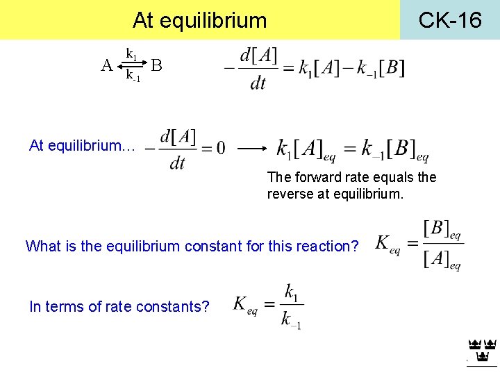 At equilibrium A k 1 k-1 CK-16 B At equilibrium… The forward rate equals