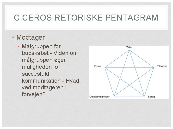 CICEROS RETORISKE PENTAGRAM • Modtager • Målgruppen for budskabet - Viden om målgruppen øger