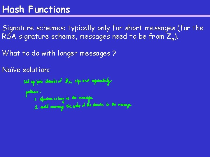 Hash Functions Signature schemes: typically only for short messages (for the RSA signature scheme,
