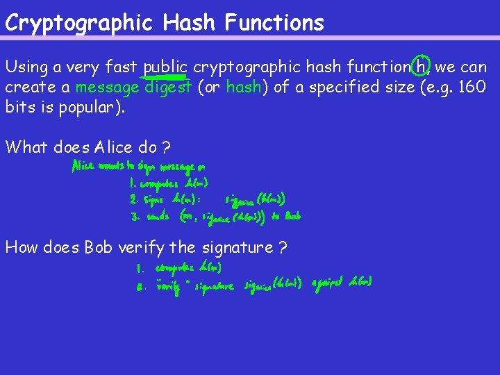 Cryptographic Hash Functions Using a very fast public cryptographic hash function h, we can