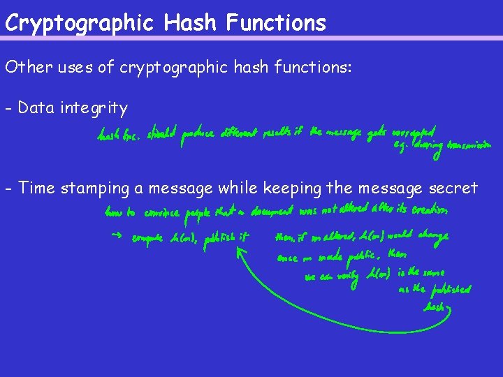 Cryptographic Hash Functions Other uses of cryptographic hash functions: - Data integrity - Time