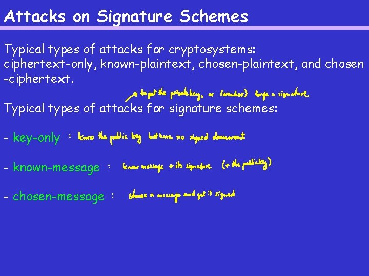 Attacks on Signature Schemes Typical types of attacks for cryptosystems: ciphertext-only, known-plaintext, chosen-plaintext, and